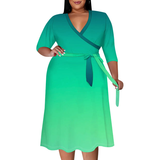 2025 Plus Size Women Summer Solid Color Gradient Maxi Dress Casual V Neck 3/4 Sleeve Sexy Dresses with Belt