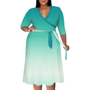 2025 Plus Size Women Summer Solid Color Gradient Maxi Dress Casual V Neck 3/4 Sleeve Sexy Dresses with Belt
