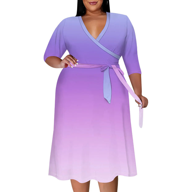 2025 Plus Size Women Summer Solid Color Gradient Maxi Dress Casual V Neck 3/4 Sleeve Sexy Dresses with Belt