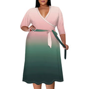 2025 Plus Size Women Summer Solid Color Gradient Maxi Dress Casual V Neck 3/4 Sleeve Sexy Dresses with Belt