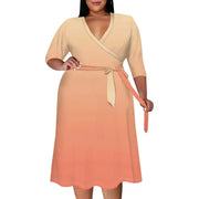2025 Plus Size Women Summer Solid Color Gradient Maxi Dress Casual V Neck 3/4 Sleeve Sexy Dresses with Belt