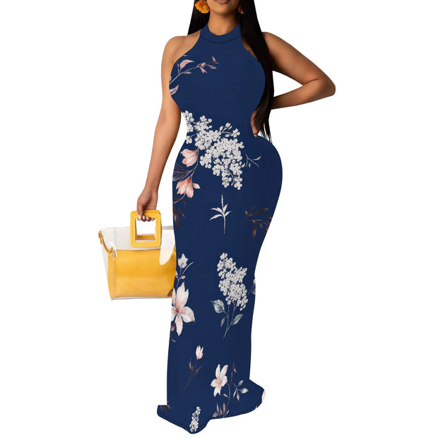 Women Sexy Bodycon Maxi Dress Tie Dye Beach Summer Dresses Halter Backless Vacation Long Sundress