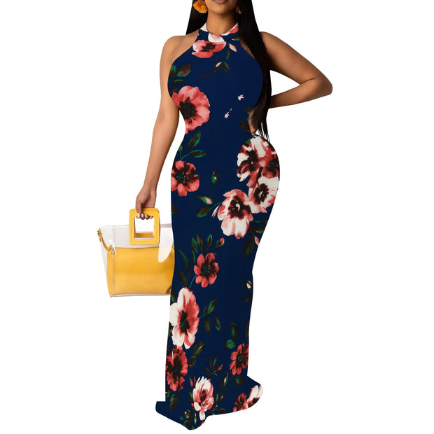 Women Sexy Bodycon Maxi Dress Tie Dye Beach Summer Dresses Halter Backless Vacation Long Sundress