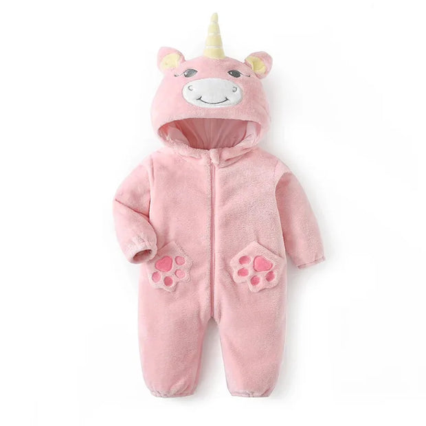 Kigurumis Unicorn Baby Girls Clothes Romper Lovely Infant Baby Onesie Bodysuit Cartoon Newborn Zipper Hooded Flannel Jumpsuits