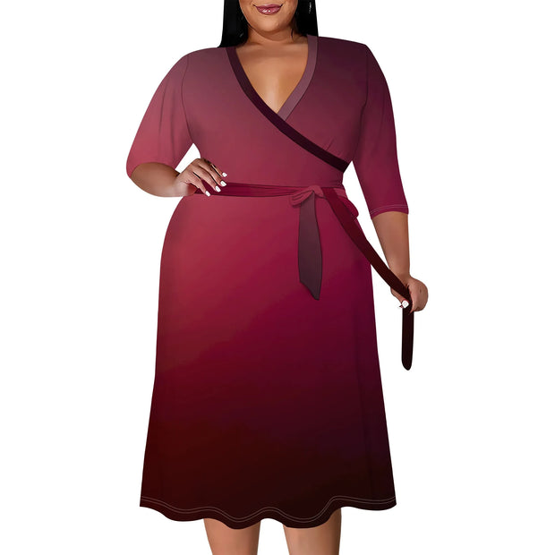 2025 Plus Size Women Summer Solid Color Gradient Maxi Dress Casual V Neck 3/4 Sleeve Sexy Dresses with Belt