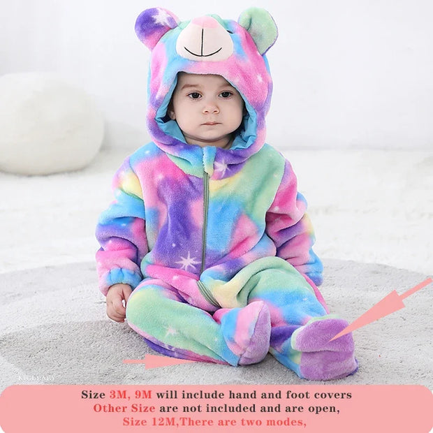 Kigurumis Unicorn Baby Girls Clothes Romper Lovely Infant Baby Onesie Bodysuit Cartoon Newborn Zipper Hooded Flannel Jumpsuits
