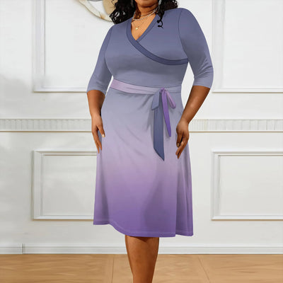 2025 Plus Size Women Summer Solid Color Gradient Maxi Dress Casual V Neck 3/4 Sleeve Sexy Dresses with Belt