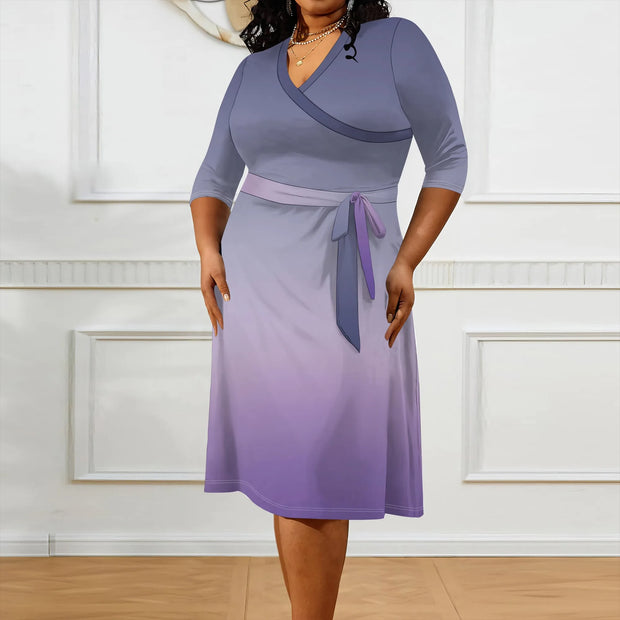 2025 Plus Size Women Summer Solid Color Gradient Maxi Dress Casual V Neck 3/4 Sleeve Sexy Dresses with Belt