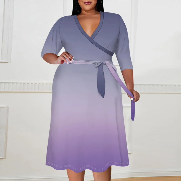 2025 Plus Size Women Summer Solid Color Gradient Maxi Dress Casual V Neck 3/4 Sleeve Sexy Dresses with Belt