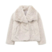 HH Women Fashion Cropped Faux Fur Jacket Coat Long Sleeve Front Snap-button Female Outerwear Chic Lapel Collar Thick Coat