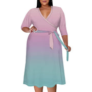 2025 Plus Size Women Summer Solid Color Gradient Maxi Dress Casual V Neck 3/4 Sleeve Sexy Dresses with Belt