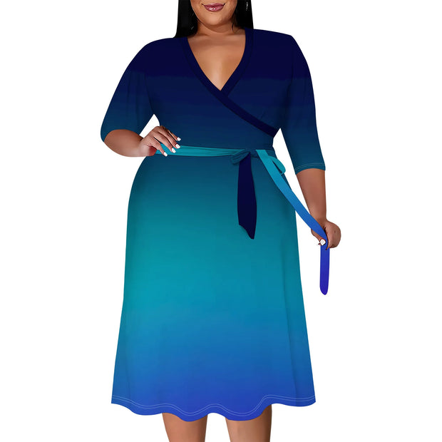 2025 Plus Size Women Summer Solid Color Gradient Maxi Dress Casual V Neck 3/4 Sleeve Sexy Dresses with Belt