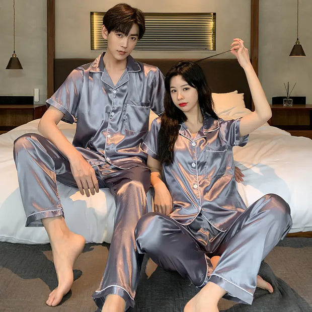 Couple's Ice Silk Summer Pajamas and Nightdress Set
