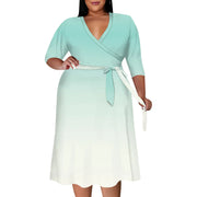 2025 Plus Size Women Summer Solid Color Gradient Maxi Dress Casual V Neck 3/4 Sleeve Sexy Dresses with Belt