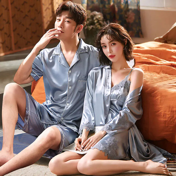 Couple's Ice Silk Summer Pajamas and Nightdress Set