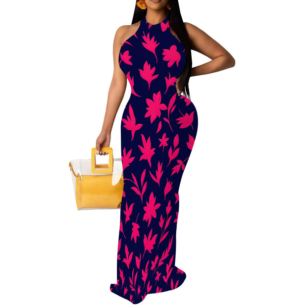 Women Sexy Bodycon Maxi Dress Tie Dye Beach Summer Dresses Halter Backless Vacation Long Sundress