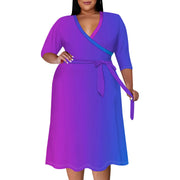 2025 Plus Size Women Summer Solid Color Gradient Maxi Dress Casual V Neck 3/4 Sleeve Sexy Dresses with Belt