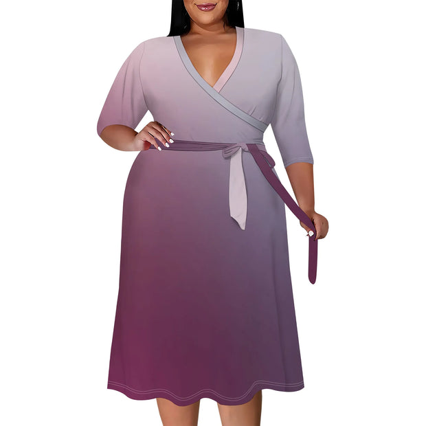 2025 Plus Size Women Summer Solid Color Gradient Maxi Dress Casual V Neck 3/4 Sleeve Sexy Dresses with Belt