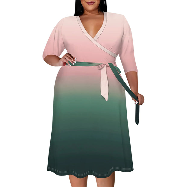 2025 Plus Size Women Summer Solid Color Gradient Maxi Dress Casual V Neck 3/4 Sleeve Sexy Dresses with Belt