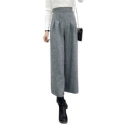 Chouyatou Femmes Hiver Taille Haute Jambe Large Plaid Laine Mélange Palazzo Capri Pantalon Culottes avec Poches (Gris Clair Moyen)