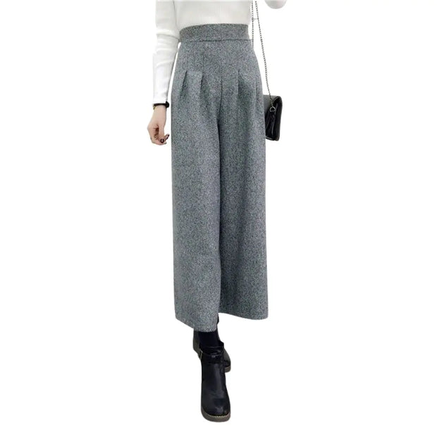 Chouyatou Femmes Hiver Taille Haute Jambe Large Plaid Laine Mélange Palazzo Capri Pantalon Culottes avec Poches (Gris Clair Moyen)