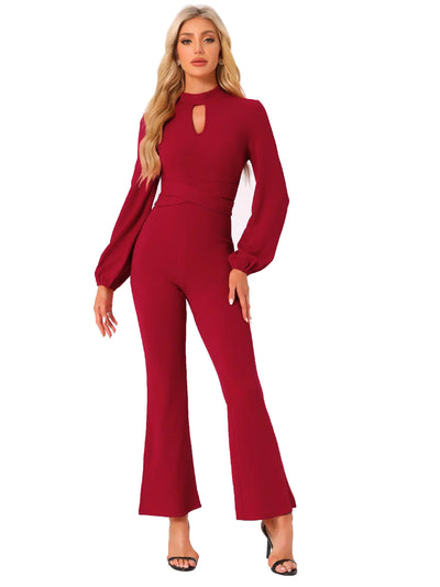 Allegra K Combinaisons habillées pour femmes Manches longues Taille haute Élégant Fête Bell Bottom Pantalon Combinaison X-Large Rouge