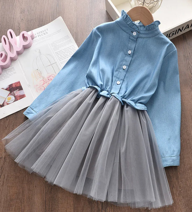 Girls' Denim Dress with Tulle Princess Skirt