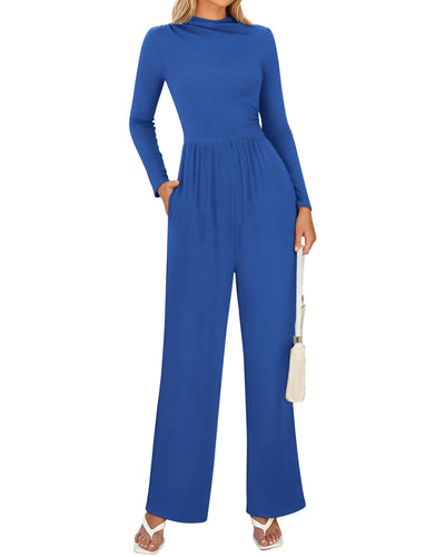 BTFBM Jumpsuits For Women Dressy Long Sleeve Wide Pants Rompers Mock Neck Ruched 2025 Casual Spring One Piece Jumpsuit(Solid Blue Small)