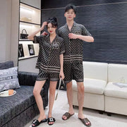 Summer Ice Silk Couple Pajamas Set - Short Sleeve & Shorts