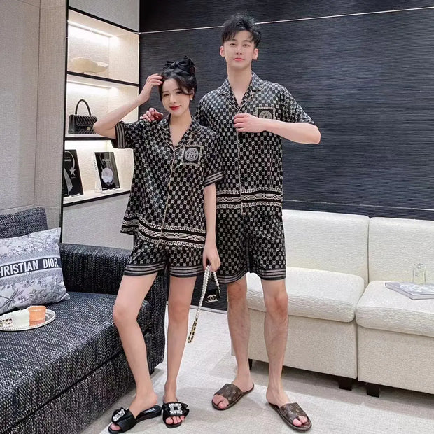 Summer Ice Silk Couple Pajamas Set - Short Sleeve & Shorts