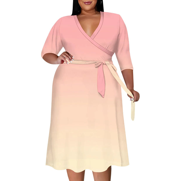 2025 Plus Size Women Summer Solid Color Gradient Maxi Dress Casual V Neck 3/4 Sleeve Sexy Dresses with Belt