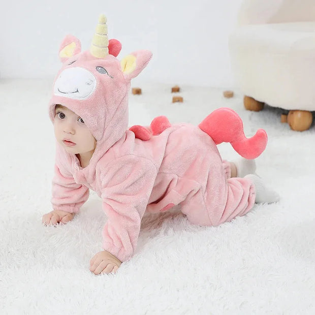 Kigurumis Unicorn Baby Girls Clothes Romper Lovely Infant Baby Onesie Bodysuit Cartoon Newborn Zipper Hooded Flannel Jumpsuits