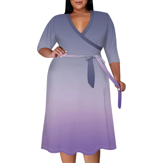 2025 Plus Size Women Summer Solid Color Gradient Maxi Dress Casual V Neck 3/4 Sleeve Sexy Dresses with Belt