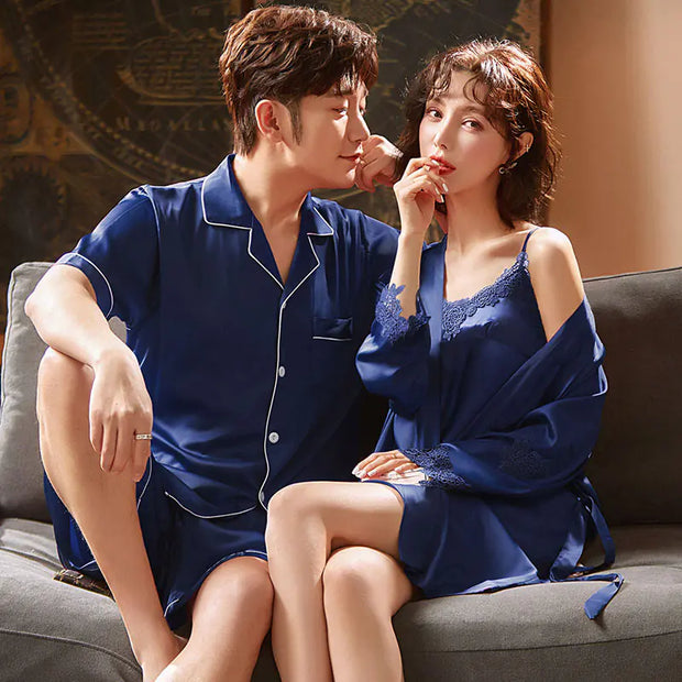 Couple's Ice Silk Summer Pajamas and Nightdress Set