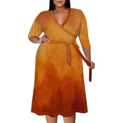2025 Plus Size Women Summer Solid Color Gradient Maxi Dress Casual V Neck 3/4 Sleeve Sexy Dresses with Belt