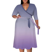 2025 Plus Size Women Summer Solid Color Gradient Maxi Dress Casual V Neck 3/4 Sleeve Sexy Dresses with Belt