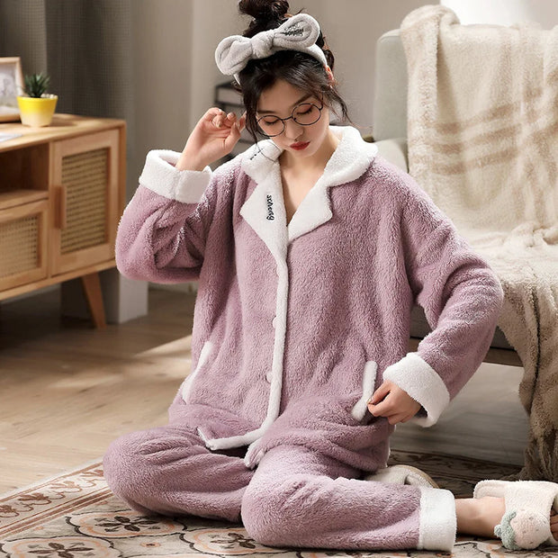 Autumn and Winter Flannel Cartoon Plus Women's Coral Fleece Home Suit Set in European and American Plus Size Sleepwear Homewear