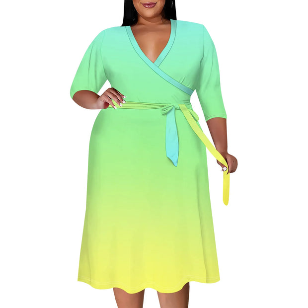 2025 Plus Size Women Summer Solid Color Gradient Maxi Dress Casual V Neck 3/4 Sleeve Sexy Dresses with Belt