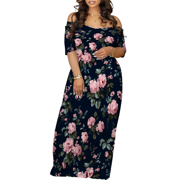 Plus Size Maxi Dresses for Curvy Women Summer Casual Loose Short Sleeve Long Beach Dress with Pocket