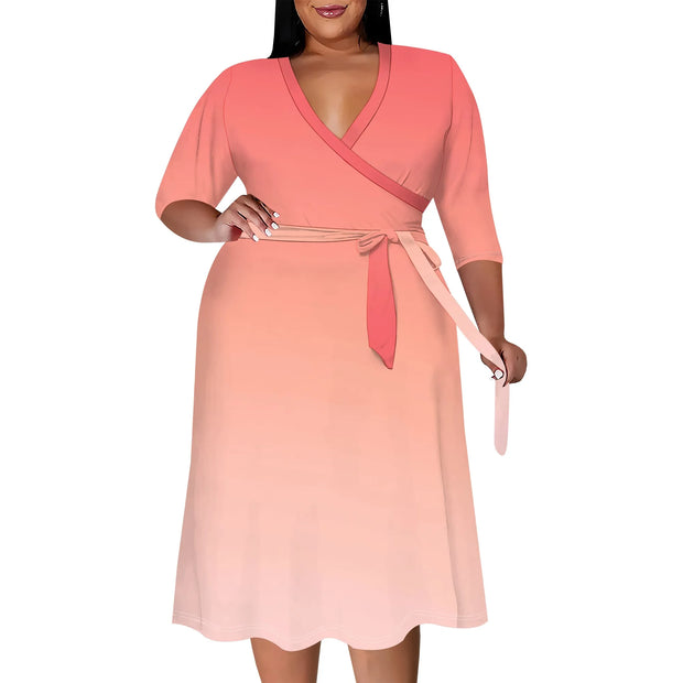2025 Plus Size Women Summer Solid Color Gradient Maxi Dress Casual V Neck 3/4 Sleeve Sexy Dresses with Belt