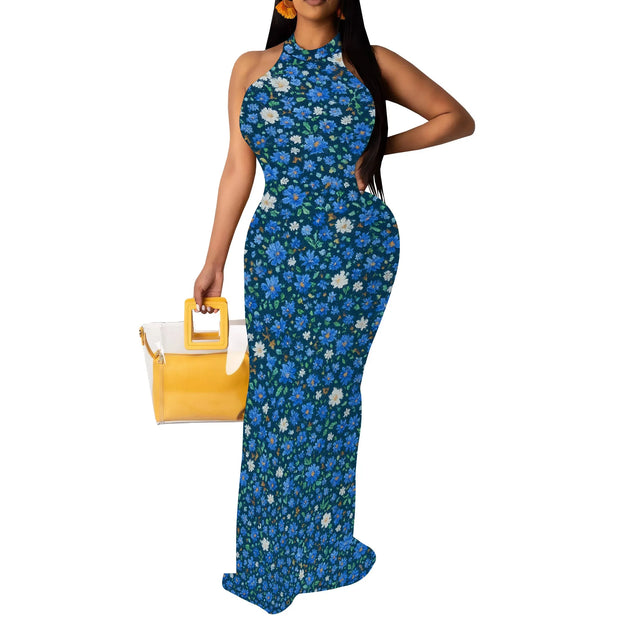 Women Sexy Bodycon Maxi Dress Tie Dye Beach Summer Dresses Halter Backless Vacation Long Sundress