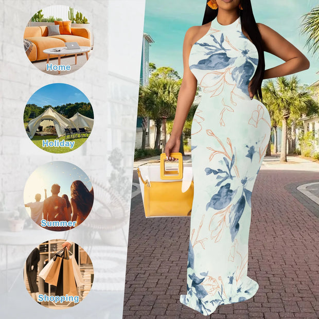 Women Sexy Bodycon Maxi Dress Tie Dye Beach Summer Dresses Halter Backless Vacation Long Sundress