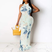 Women Sexy Bodycon Maxi Dress Tie Dye Beach Summer Dresses Halter Backless Vacation Long Sundress