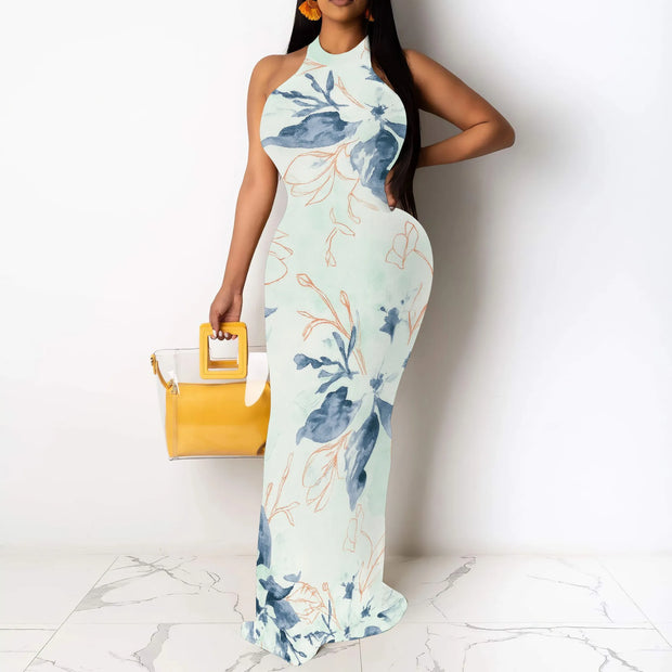 Women Sexy Bodycon Maxi Dress Tie Dye Beach Summer Dresses Halter Backless Vacation Long Sundress