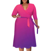 2025 Plus Size Women Summer Solid Color Gradient Maxi Dress Casual V Neck 3/4 Sleeve Sexy Dresses with Belt
