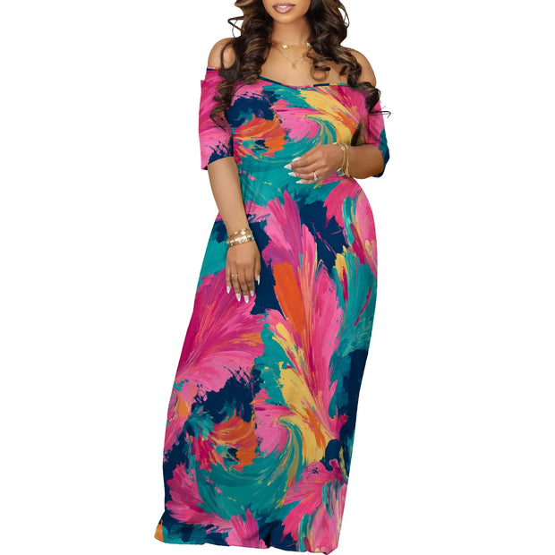 Plus Size Maxi Dresses for Curvy Women Summer Casual Loose Short Sleeve Long Beach Dress with Pocket