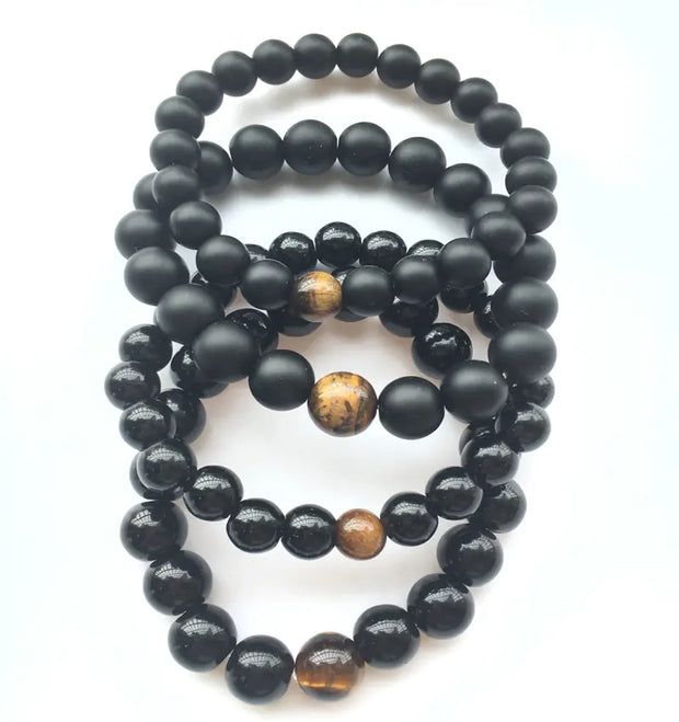Natural Black Agate and Tiger Eye Beaded Bracelet