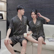 Summer Ice Silk Couple Pajamas Set - Short Sleeve & Shorts