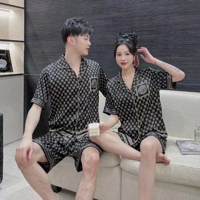 Summer Ice Silk Couple Pajamas Set - Short Sleeve & Shorts
