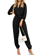 Cnlinkco Womens Elegant Long Sleeve Jumpsuits Dressy Rompers V Neck Belt with Pockets Casual One Piece Outfits Black XL